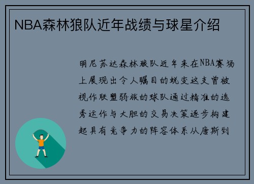 NBA森林狼队近年战绩与球星介绍