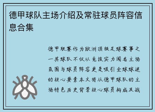 德甲球队主场介绍及常驻球员阵容信息合集