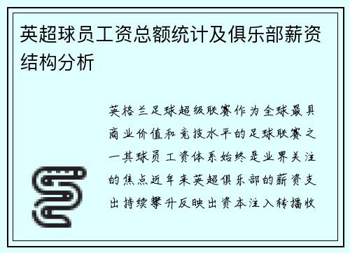 英超球员工资总额统计及俱乐部薪资结构分析